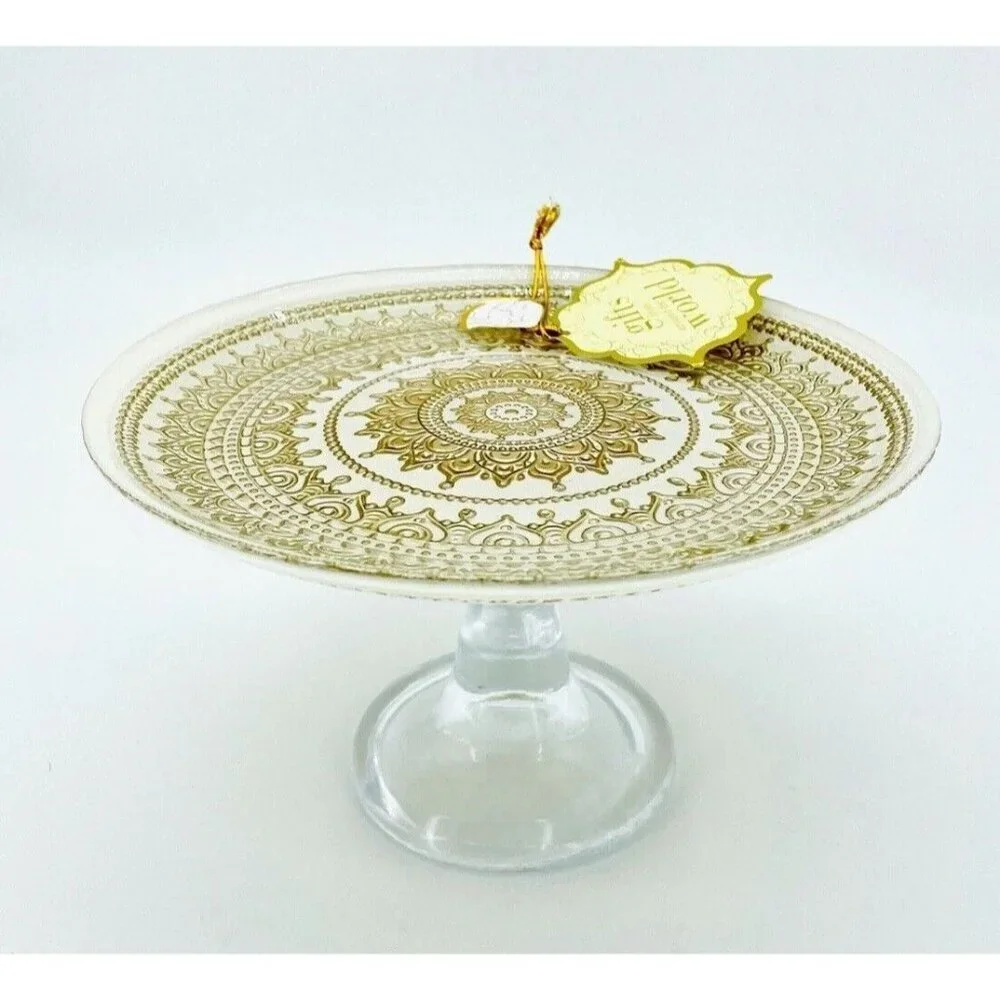 Turkish Glass White Cake Stand Glass Pedestal Dessert Platter Gold Lace 8.2